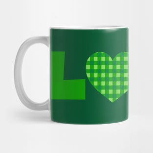 Love, Green typography with a green plaid heart Mug